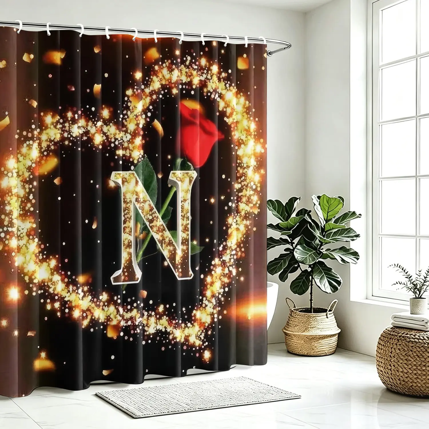 Personalized Monogram Letter N Golden Glitter Printed Shower Curtain; Waterproof Shower Curtain; Machine Washable Bathroom Decor Curtain for College Dorm, Camper, Beach Cabin, Guest House, Studio, Resort Bathroom