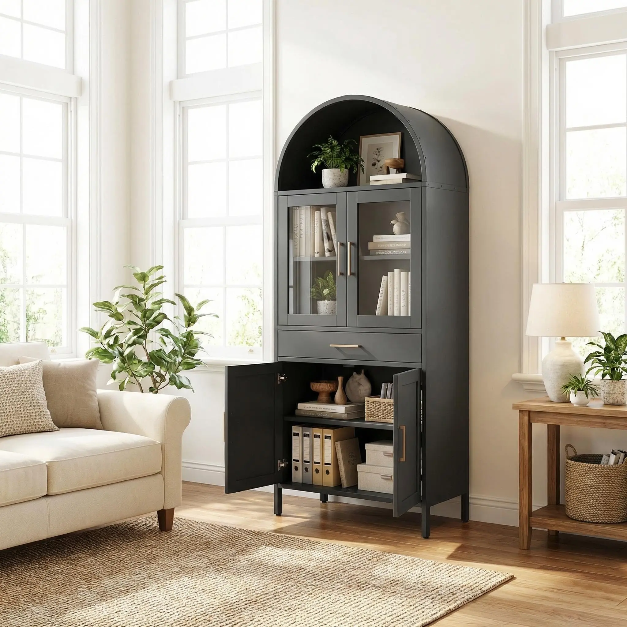 Modern Black Arched Metal Pantry Cabinet with Glass Doors – Storage Unit with Adjustable Shelves & Drawer – Display Bookcase for Kitchen, Dining, or Living Room – Anti-Tip Design
