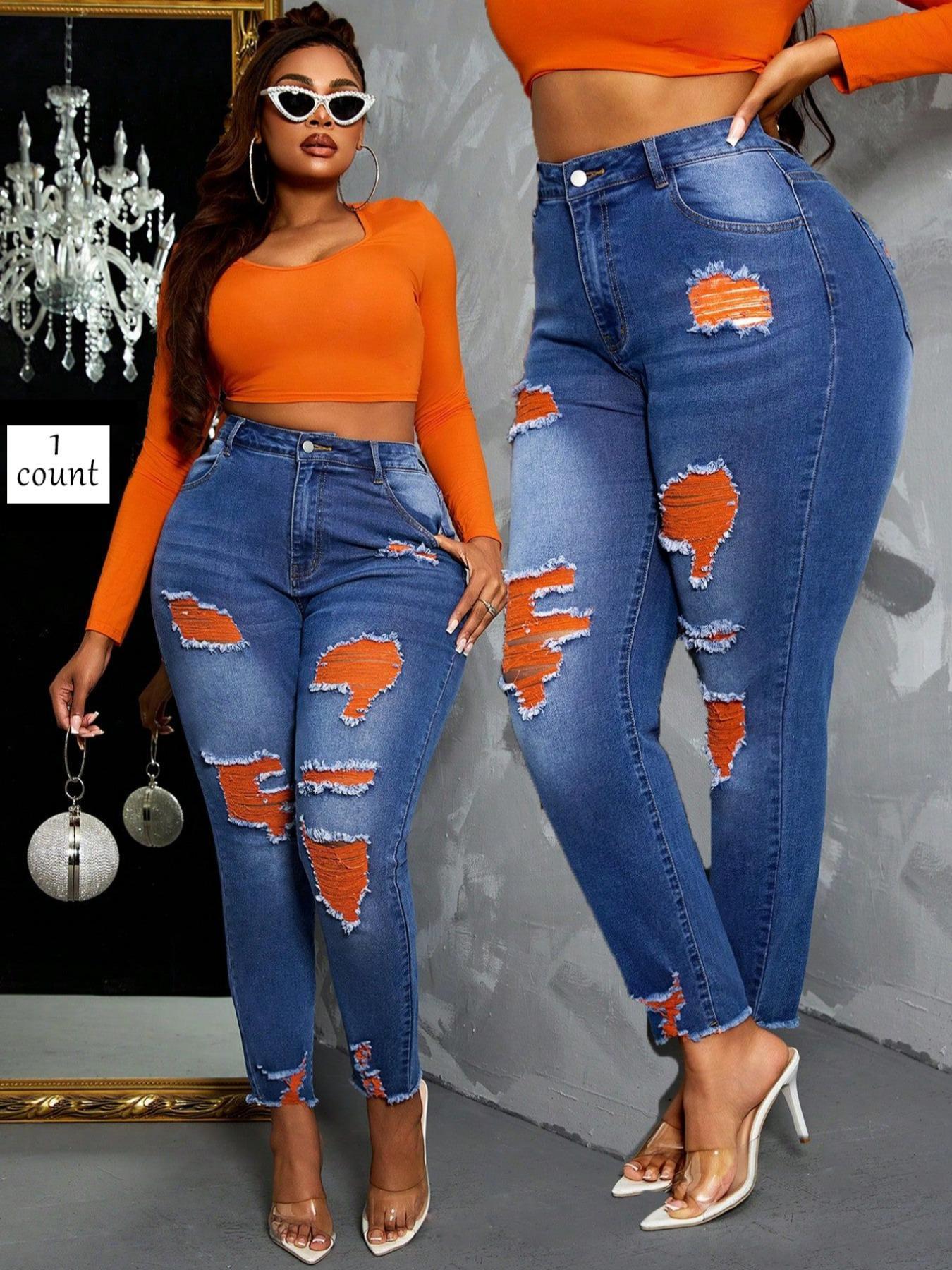 Women's Ripped Denim Jeans, Fashion Casual Streetwear Slim-fitting Pants for Daily Wear, Ladies Bottoms for All Seasons