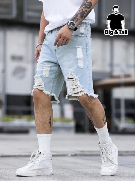 Plus Size Men's Casual Fashion Straight Leg Jeans, Street Style Ripped Denim Shorts, Perfect for Summer Daily Wear