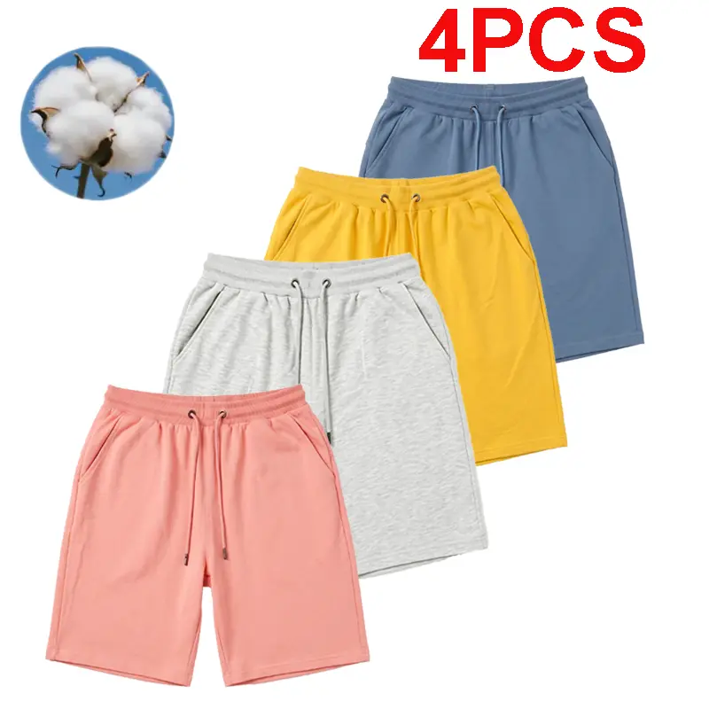 Men's 4-Pack Athletic Fleece Shorts, Cloud-Soft Cotton Casual Loungewear with Pockets & Elastic Waist, Natural, Peach, Plain, Metallic, Activewear, Breathable, Gray + Pink + Yellow + Blue, Knit, Sports Clothes, Gym, Tee, Hoodie