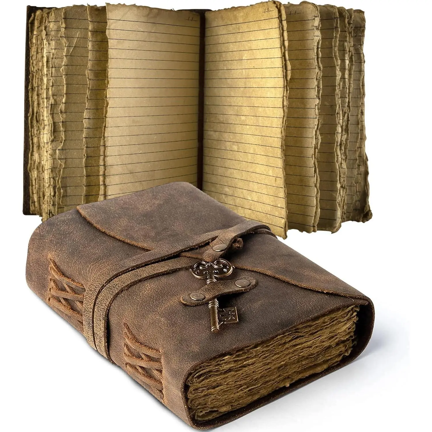 Vintage Handmade Leather Journal with Lined Deckle Edge Paper & Key - Antique Leather Bound Book of Shadows Sketchbook Drawing Notebook, Great Gift