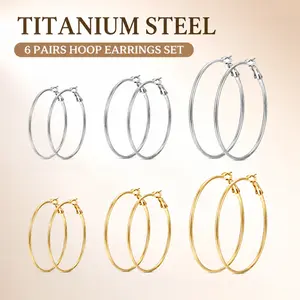 6 Pairs Titanium Steel Hoop Earrings Set for Women, Hypoallergenic Large Hoops in 40/50/60mm, Gold & Silver Tone, Lightweight Big Circle Earrings for Daily Wear Party, Fashion Jewelry Gift
