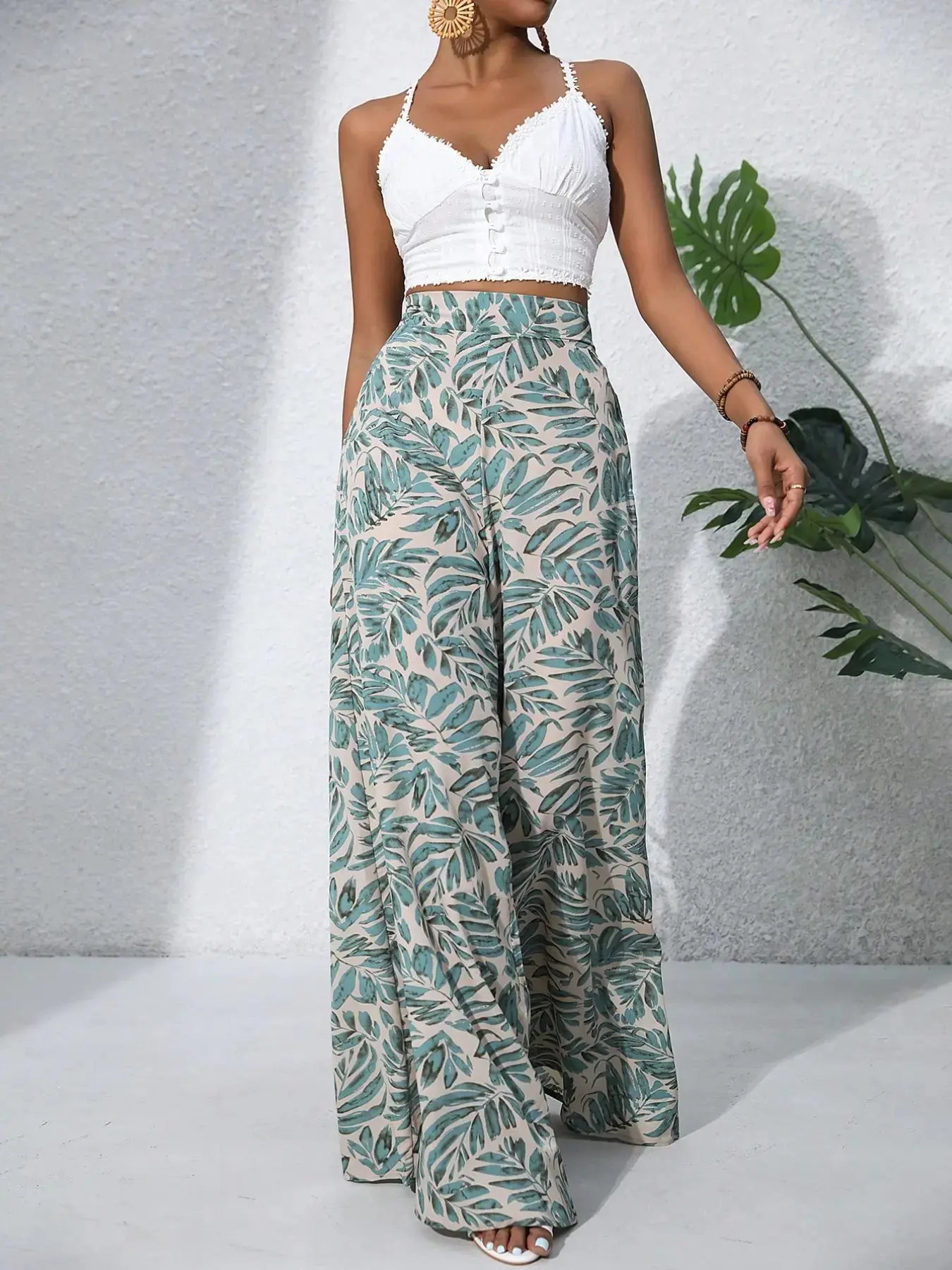 Women's High-Waist Wide-Leg Chiffon Dry Clean Pants - Bohemian Floral Print Full-Length Loose Lady Clothes for Summer Beach Bottoms