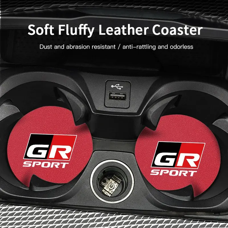 2Pcs Car Suede Coaster Anti-Slip Water Cup Pad Automotive Interior Accessories For Toyota GR Sport Gazoo Racing Yaris 86 Corolla Hilux Supra C-HR Leather Coasters