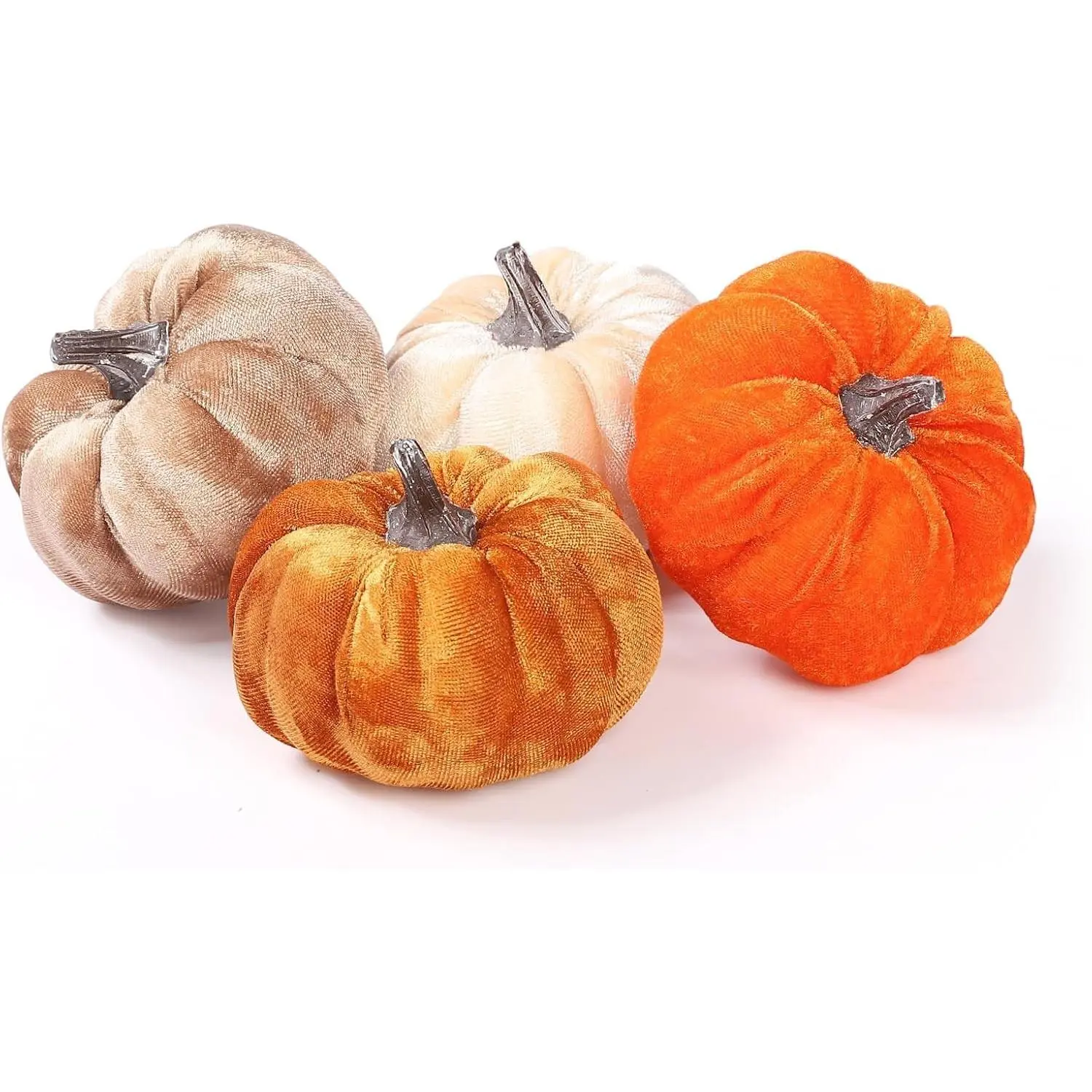 4pcs Velvet Pumpkins Decor Set Artificial Fall Pumpkin Decor for Halloween Thanksgiving Harvest Table Centerpieces Orange Gold Coffee Beige