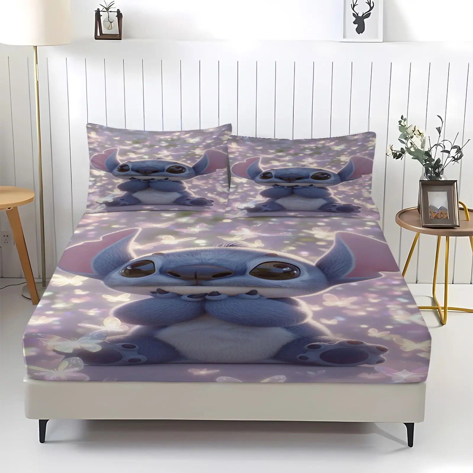 Stitch Cute Cartoon Pattern Bed Sheet, Sheets Set, Comfortable Printed Pattern, Includes 1 Bed Sheet and 2 Pillowcases, Comfortable Bedding, Non slip Dust Cover Suitable for Bedroom and Guest Room, Suitable as a Children's Gift