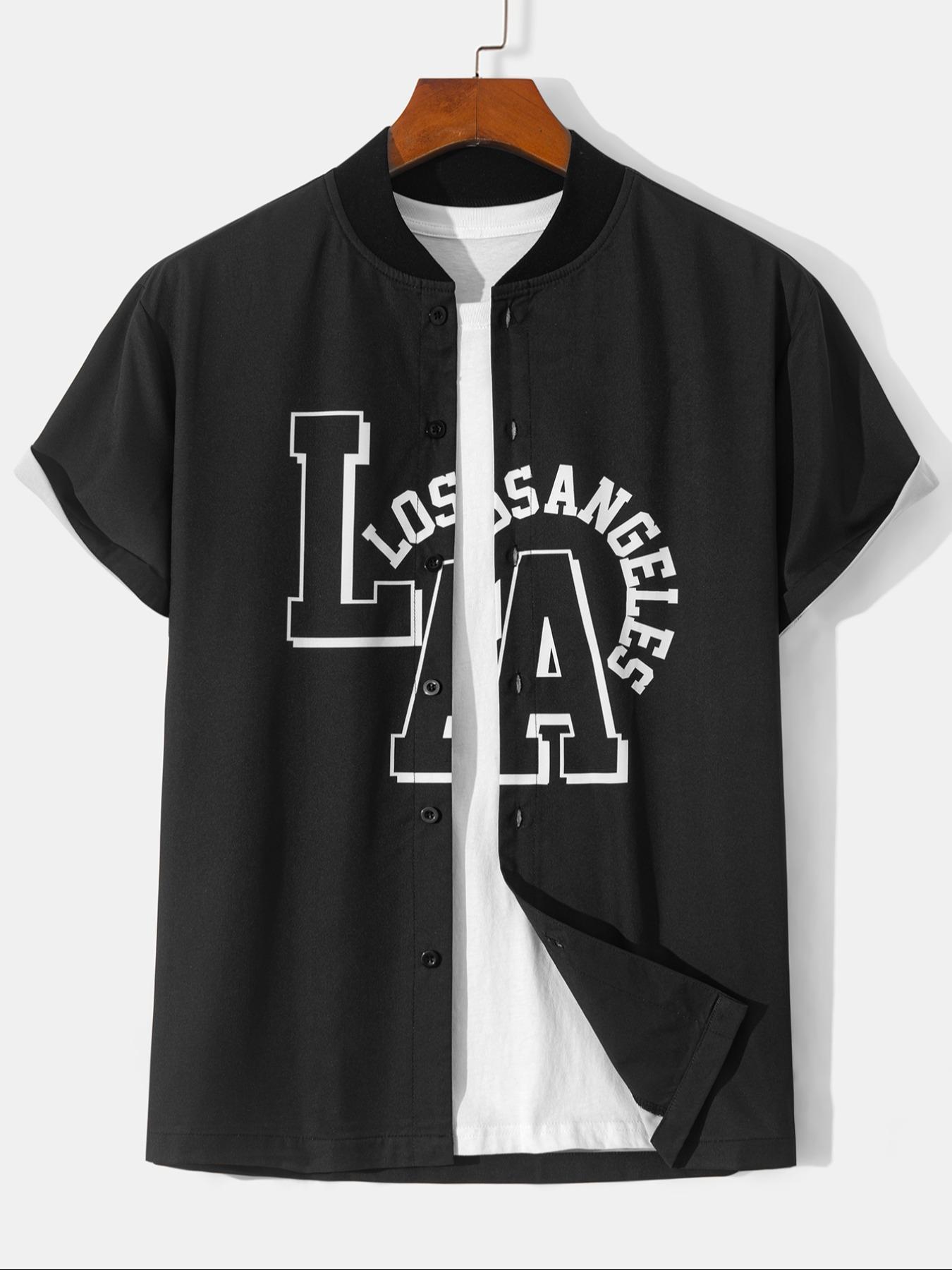 Men's Letter Print Baseball Collar Shirt, Regular Fit Casual Short Sleeve Top for Summer, Men's Clothes for Daily Wear, Menswear, Sports Top, Sportswear Clothing, Vintage Basketball Jersey