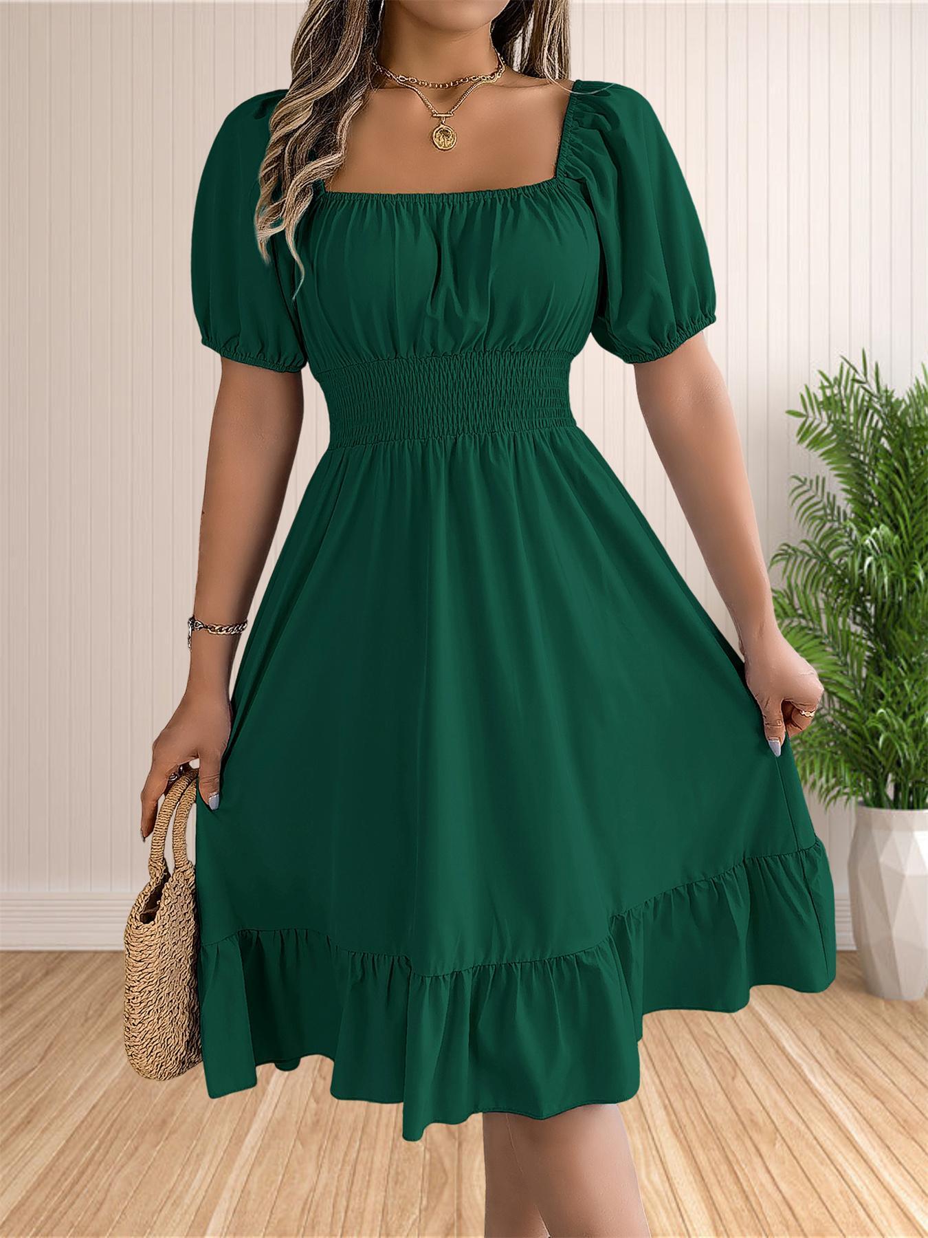 Women's Plain Ruffle Hem Shirred A Line Dress. Casual Fashion Dress. Casual Puff Sleeve Square Neck Knee Length Dress for Summer. Women's Clothing for Daily Wear Women's Plain Ruffle Hem Shirred A Line Dress. Casual Fashion Dress. Casual Puff Sleeve Square Neck Knee Length Dress for Summer. Women's Clothing for Daily Wear