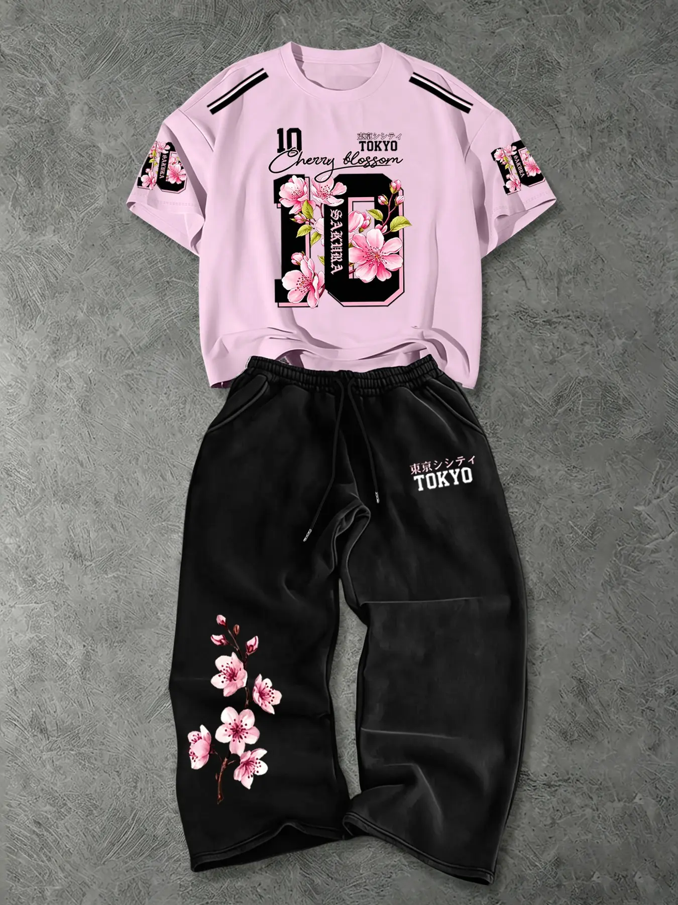 Men's Casual 2-Piece Set, Tokyo Tokyo Digital 10 Cherry Blossom Round Neck Short Sleeve + Loose Fashion Wide Leg Sweatpants, Comfortable and Stylish