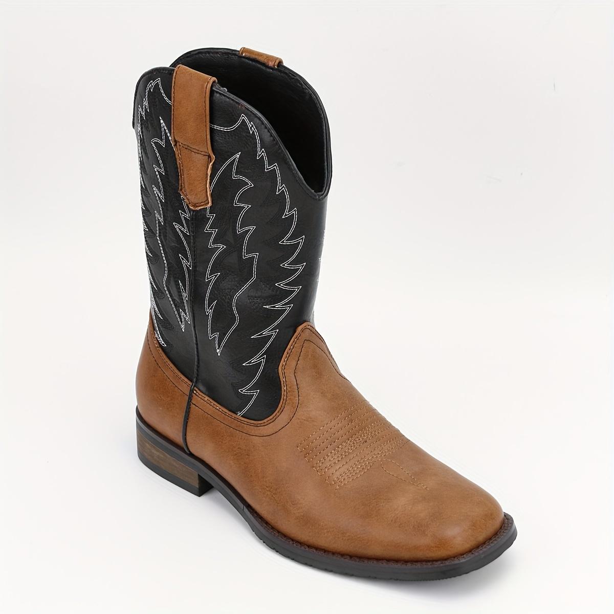 Men's Square Toe Roper Boots, Western Cowboy Boots Embroidered Mid-Calf Roper Boots Walking Shoes Footwear