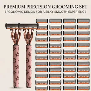 Women's Shaving Set, 2 High-End Floral Handle Razors, 48 Replacement Blades, 6-Layer Blade Design, Luxurious Beauty Kit, Elegant Gift