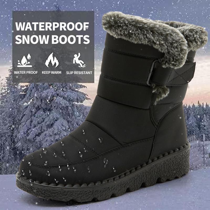 Winter Snow Boots for Women Fur Lined Warm Waterproof Slip On Booties with Breathable Fur Lining Slip Resistant Sole Black Oxford Cloth Upper Velcro Closure Outdoor Booties for Camping Walking SpringStatements