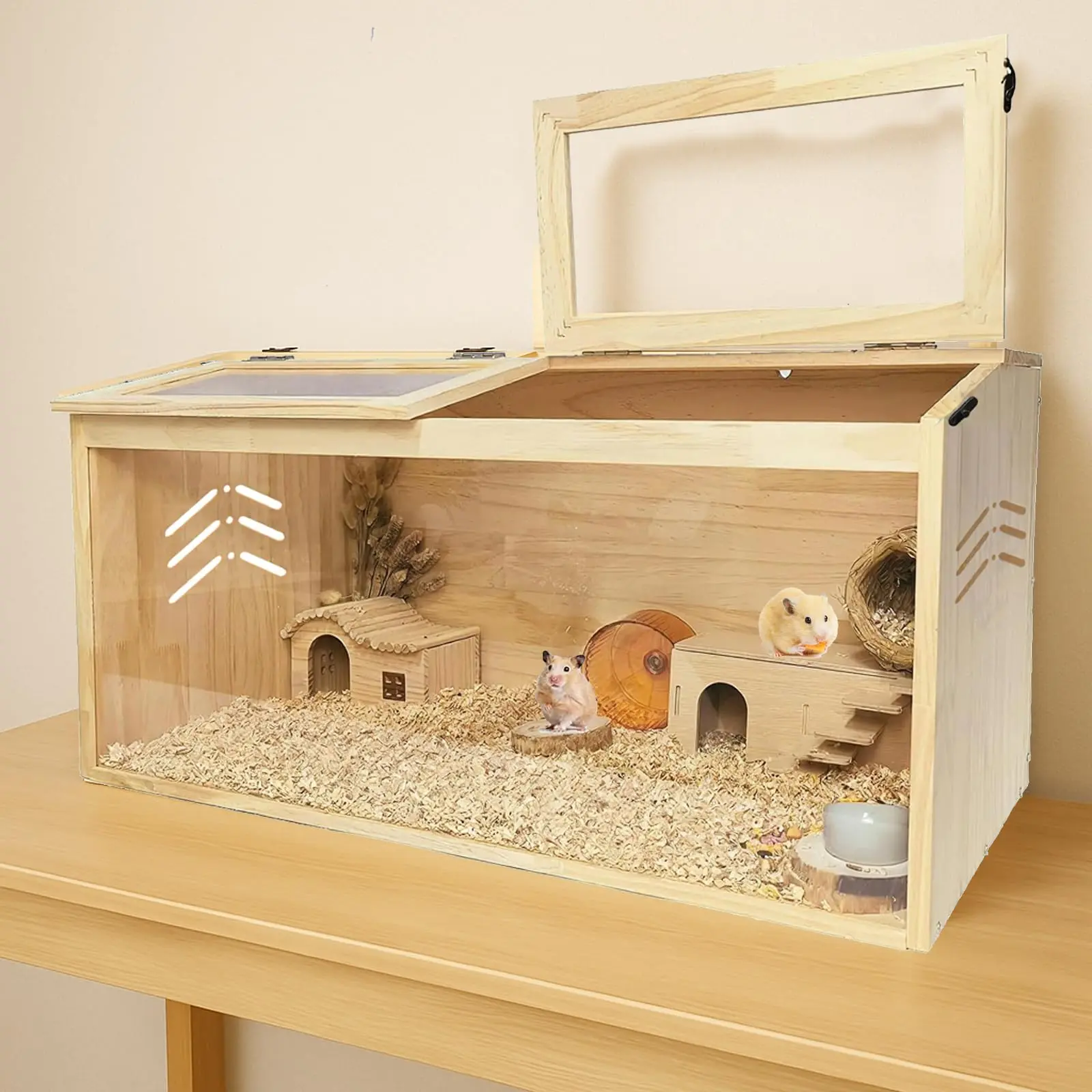 Large Natural Wooden Hamster Cage with Acrylic Viewing Windows, Easy-Clean Escape-Proof Lid, Platforms & Hideout for Dwarf Hamsters and Small Rodents, Ventilated Habitat Larg