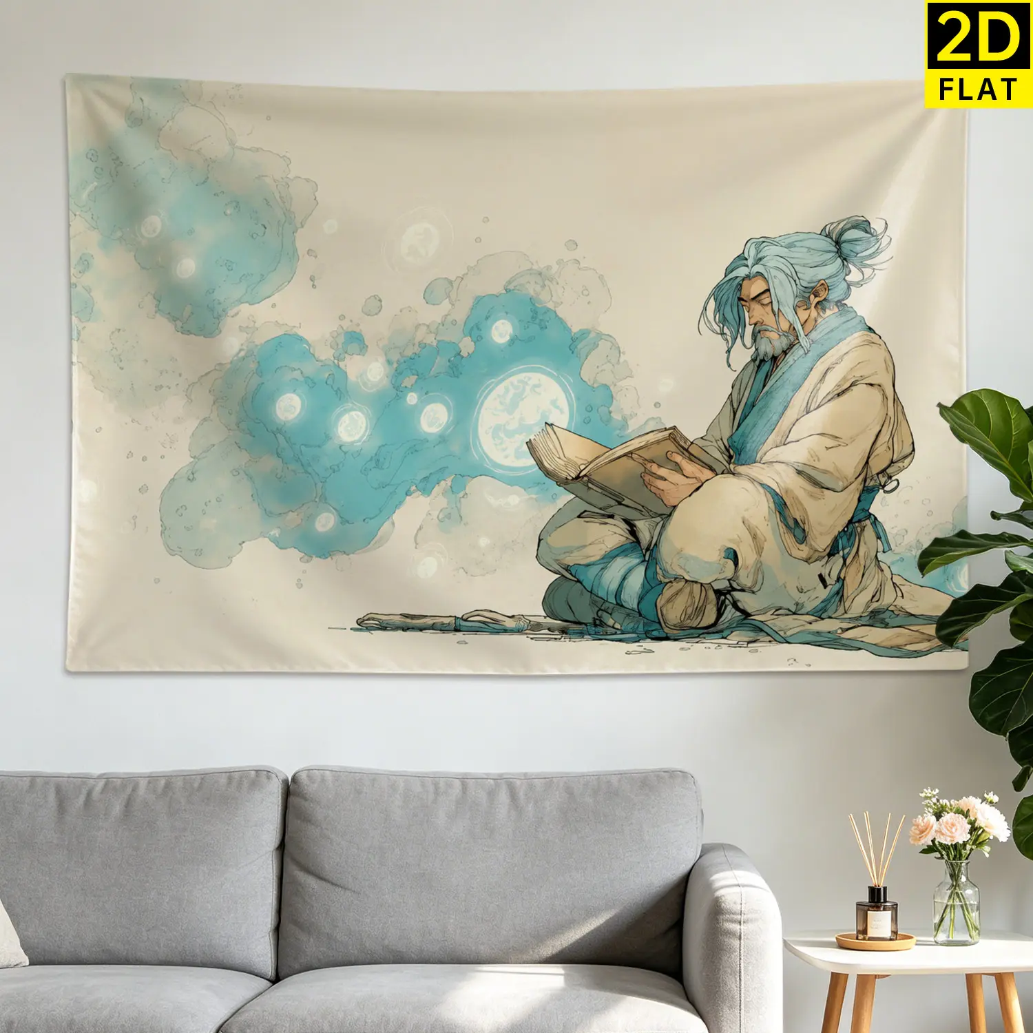 Zen Master Reading Book Magical Aura Large Horizontal Printed Polyester Tapestry - Home Decor Artwork, No-Installation Room Decor Wall Hanging for Living Room, Gift for Family & Friends