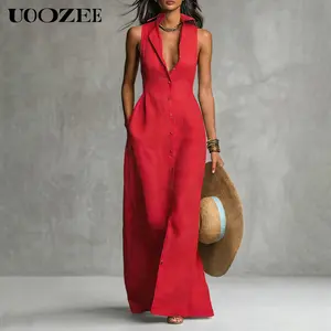 UOOZEE Women's New Summer Sleeveless Linen Blend Collared Maxi Shirt Dress, Button Down Casual  Long Dress with Pockets, Resort Vacation Outfit, Office & Beach Wear, Petite Note(Ladies with C - Cup and Above Need To Order One Size Up),summeroutfits,vacati