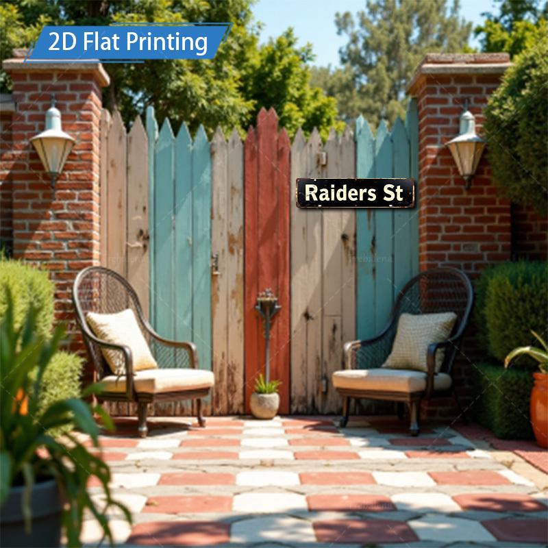 [2D FLAT] 1pc Metal Sign, 4x16inch Retro Raiders Street Sign Metal Wall Art for Outdoor Garden or Home Decor, Vintage Style with 2D Flat Printing Finish Wall Art Aluminum Painting Ideal for Porch Outdoor Garden Bar Home Decor Gifts, New Years Decorations