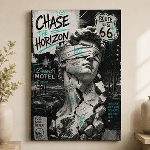Chase the Horizon Canvas Poster| Route 66 Graffiti Statue Wall Art| Modern Travel Street Art Decor for Living Room Bedroom Office,wall decor,poster.