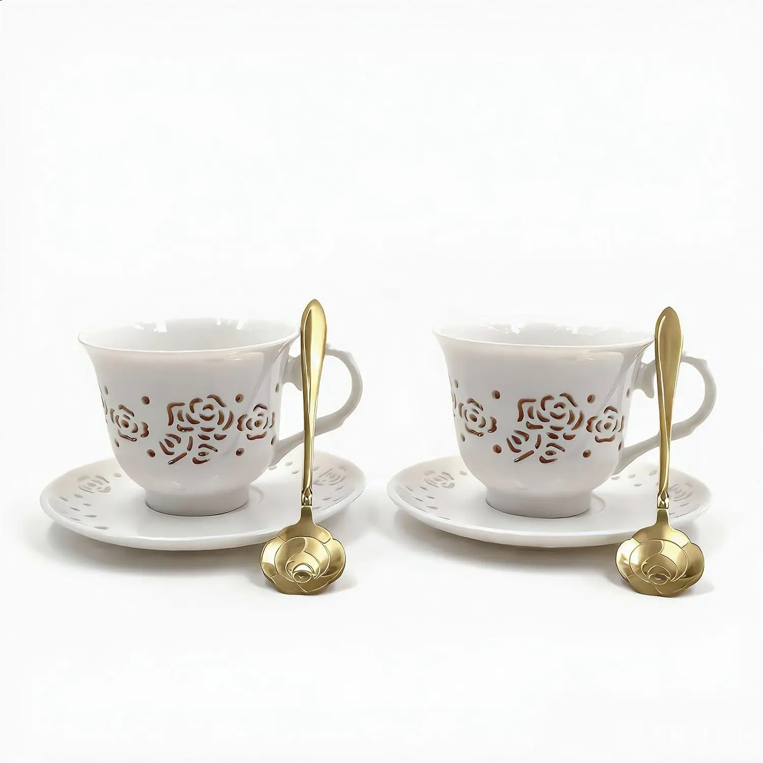Vintage Cutout Rose Floral Porcelain Tea Cup and Saucer Set of 2, Includes Spoon & English Black Tea, Elegant Gift for Women, Tea & Coffee Lovers