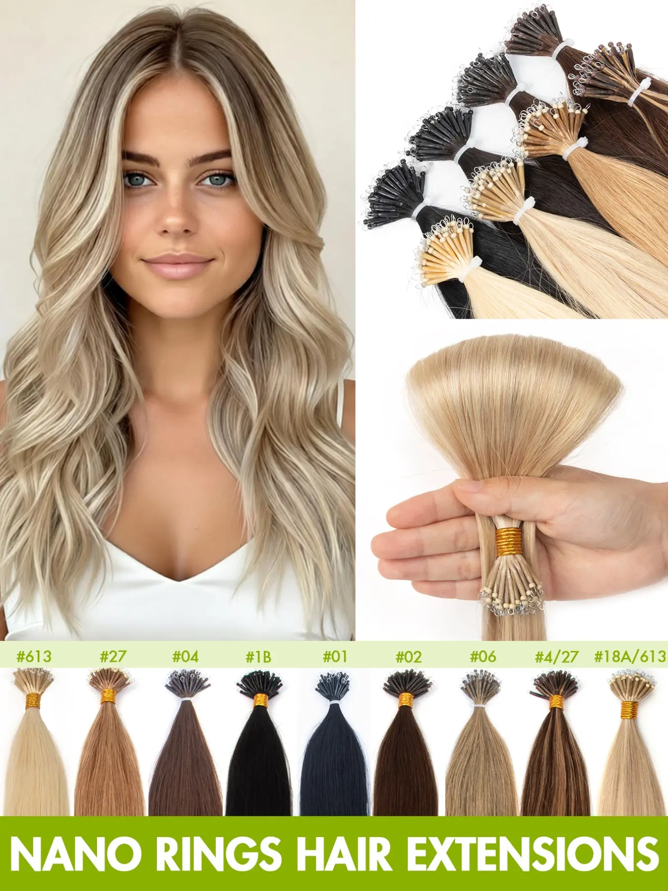 Nano Ring Hair Extensions Remy Premium Human Hair 12-22" Seamless Micro Beads Natural Straight Invisible Hairpieces for Women Wedding Anniversary Graduation Prom Dinner Party Professional Salon Valentine's Day Gift Y2K Style