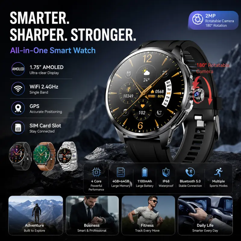4G SIM Smartwatch with 2MP Rotatable Camera! AI Full Touch Screen, Wi-Fi, GPS & NFC. Download apps, make wireless calls & use voice assistant. Stylish design with long battery life. The ultimate tech gift for family & friends! Multifunctional Smart Watch