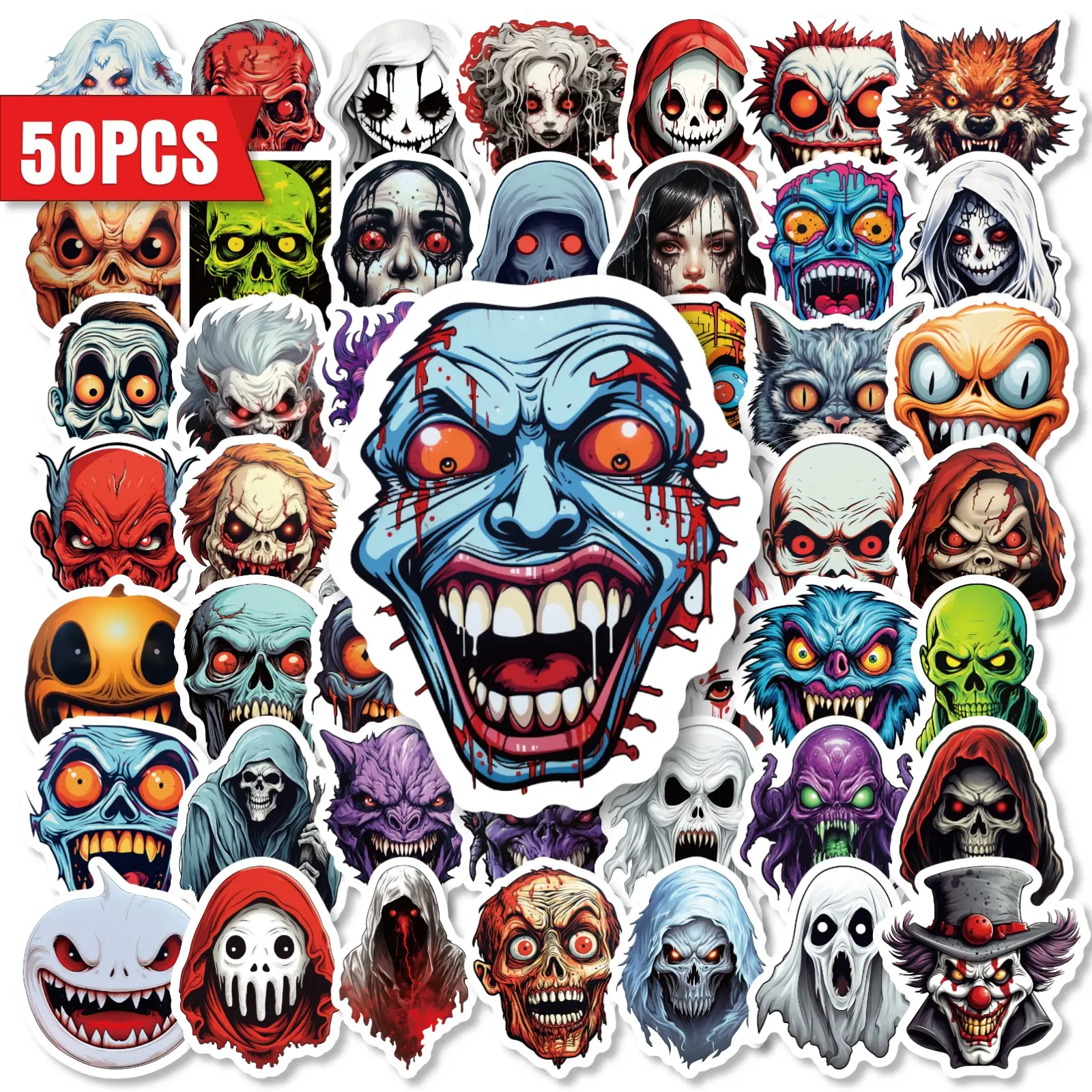 50pcs Halloween Scary Premium Skull Stickers, Skull Decal, Office Stickers, Suitable for Scrapbooks, Diaries, Laptops, Water Bottles, Cars, Etc. A Gift with A Positive Message and A Belief-based Design.