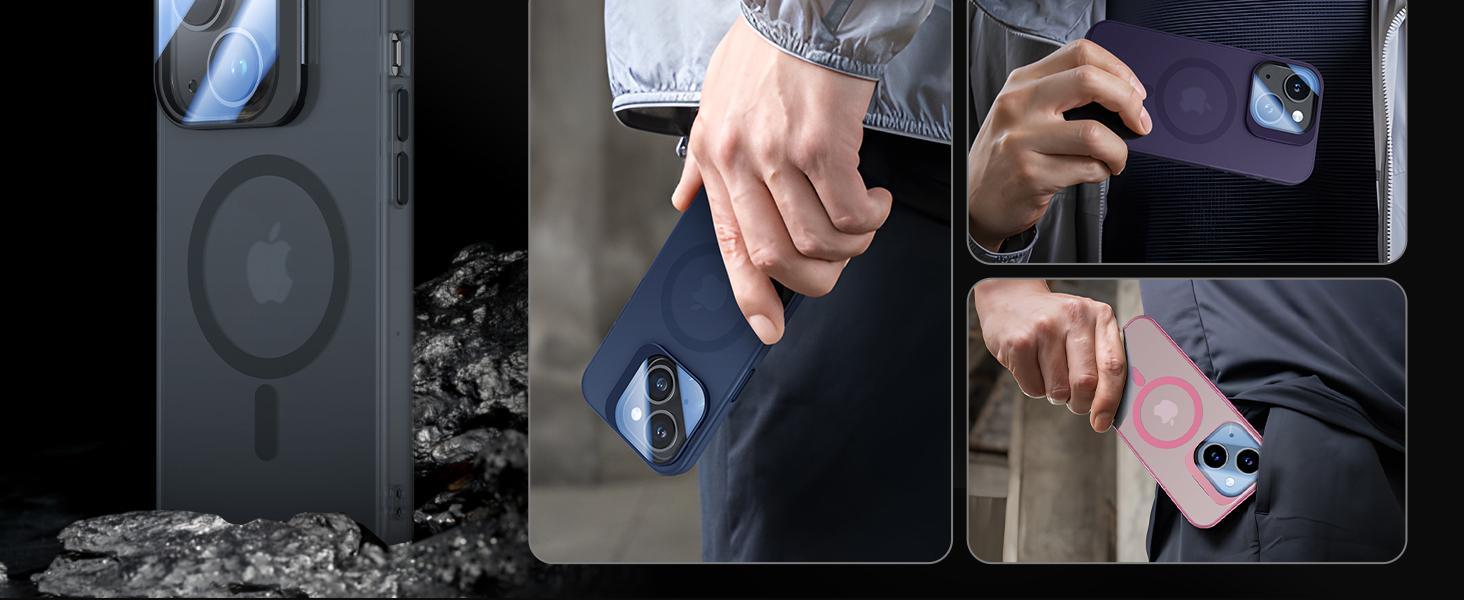 for iPhone 13 Case/iPhone 14 Case with Camera Cover Stand [Built-in 9H Camera Lens Protector][Fit for Magsafe] Military Grade Shockproof Translucent Matte Magnetic Phone Case 6.1",Pink