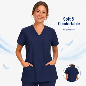 Women's Ultra Soft V-Neck Short Sleeve Scrubs Top Uniforms - Lightweight Breathable Wrinkle-Resistant Basic Loose Fabric Medical Workwear with 3 Pockets, Minimalist Fit for Nurses, Easy Matching