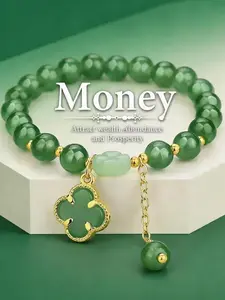1pc Money Magnet! Lucky Four-Leaf Clover Green Aventurine Bracelet - Manifest Wealth And Prosperity Crystal Charm, Fashion National Style Ethnic Bracelet, Suitable For Gifts For National Style Lovers, Culture Lovers, Birthday Gifts