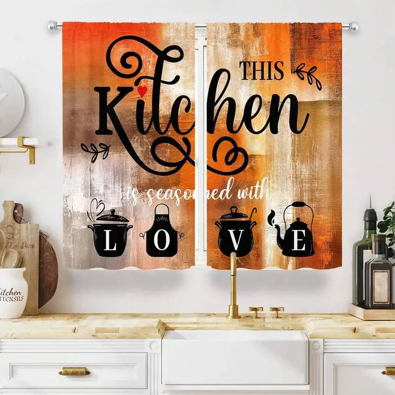 2Pcs Abstract Burnt Orange Kitchen Curtains Rod Pocket Vintage Rustic Brown Art Curtains Boho Kitchen Curtains 28x40in