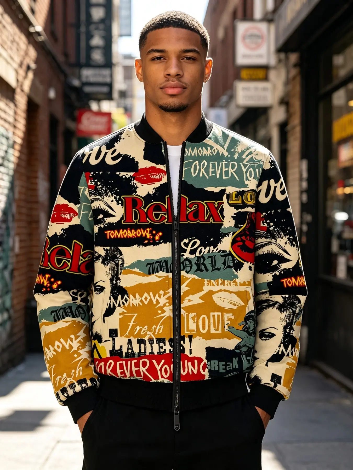 Vintage Collage Poster Print Bomber Jacket, Retro Figure Letter Graffiti All Over Zip Up Baseball Coat, Streetwear Casual Loose Outerwear For Men Women Daily Travel