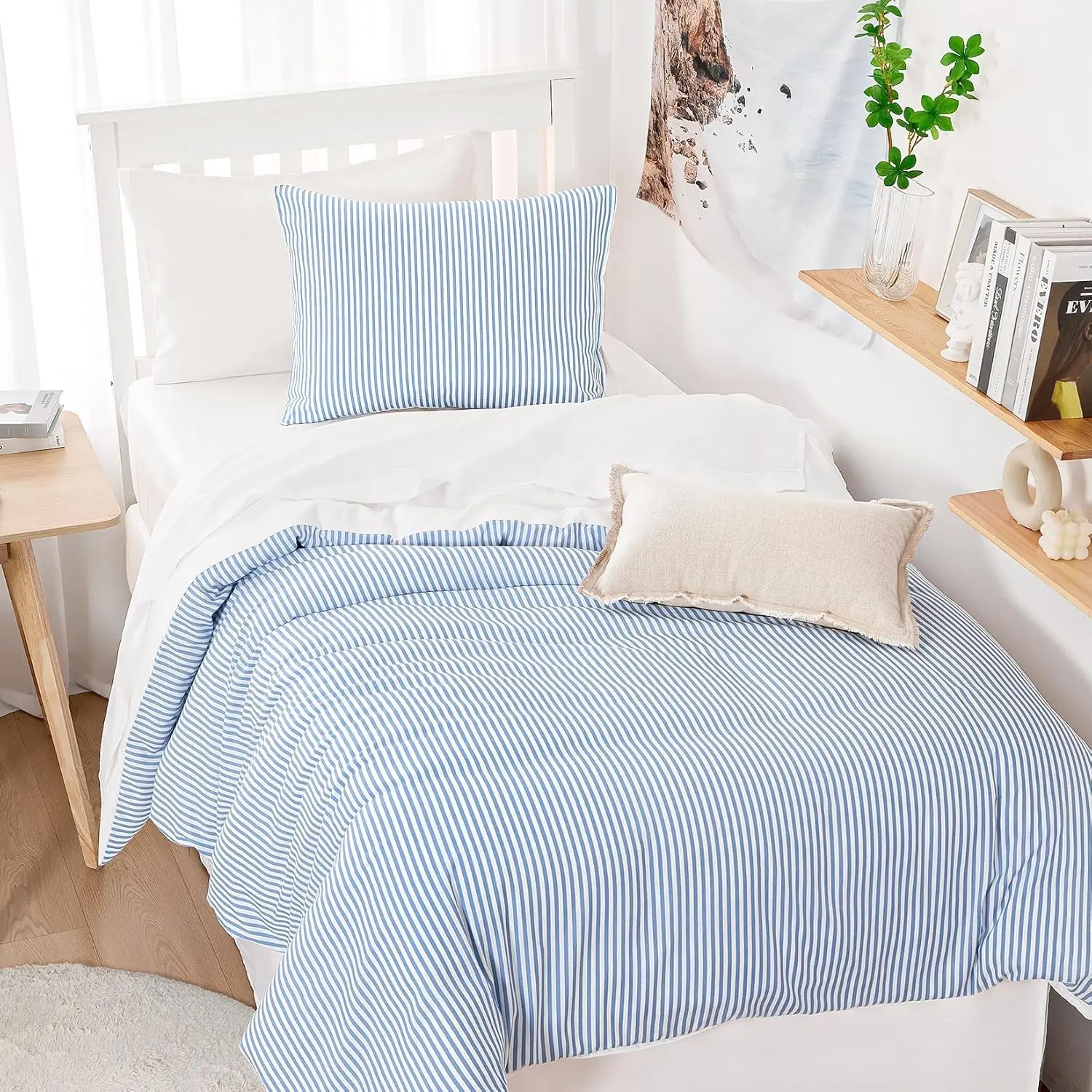 Twin/Twin XL Size 3-Piece Bed Comforter Set, Neutral Print Vertical Stripes Soft Fabric Bedding, Lightweight Blue White Farmhouse Style Ticking Stripe Design