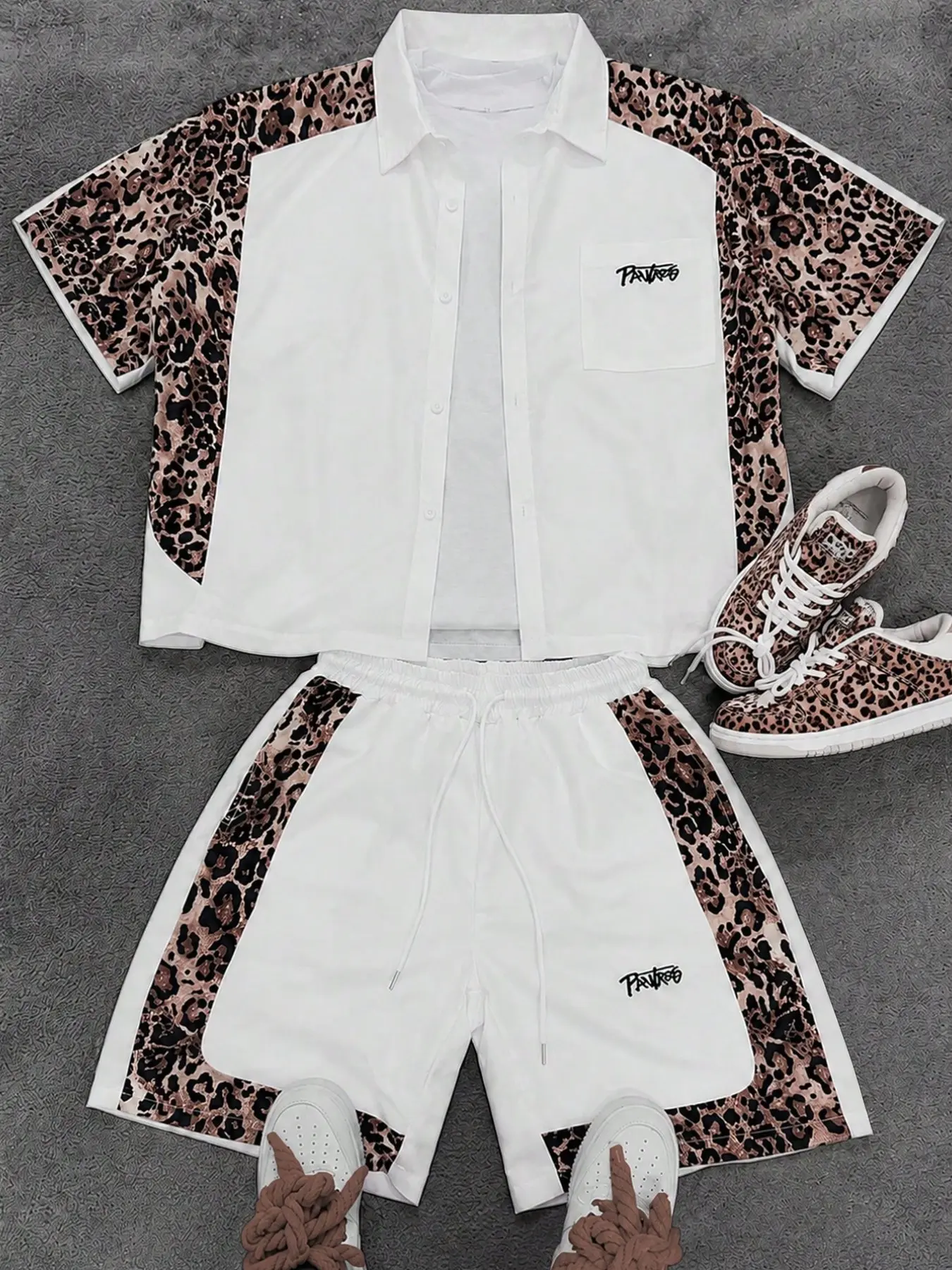 Men's Leopard Print Two-Piece Set, Short Sleeve Button-Down Shirt & Drawstring Shorts, Streetwear Style, Leopard Pattern