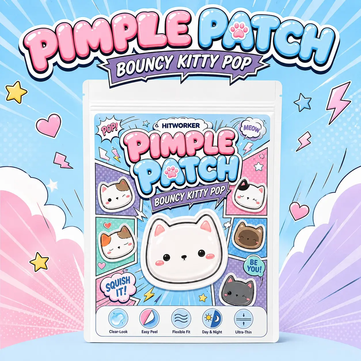 Cute Cat Pimple Patch, Kawaii Spot Cover Stickers, Ultra-Thin Clear-Look Face Patches, Easy Peel, Day & Night Wear, Fun Kitty Design