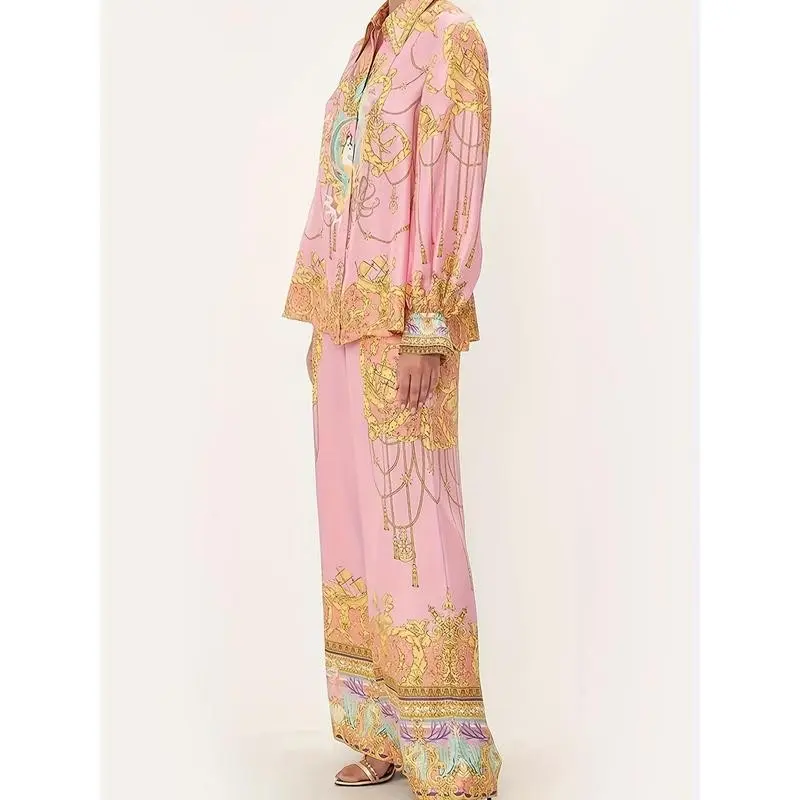 Casual Holiday Long-Sleeved Pink Printed Shirt And Trousers Two-Piece Suit for Women