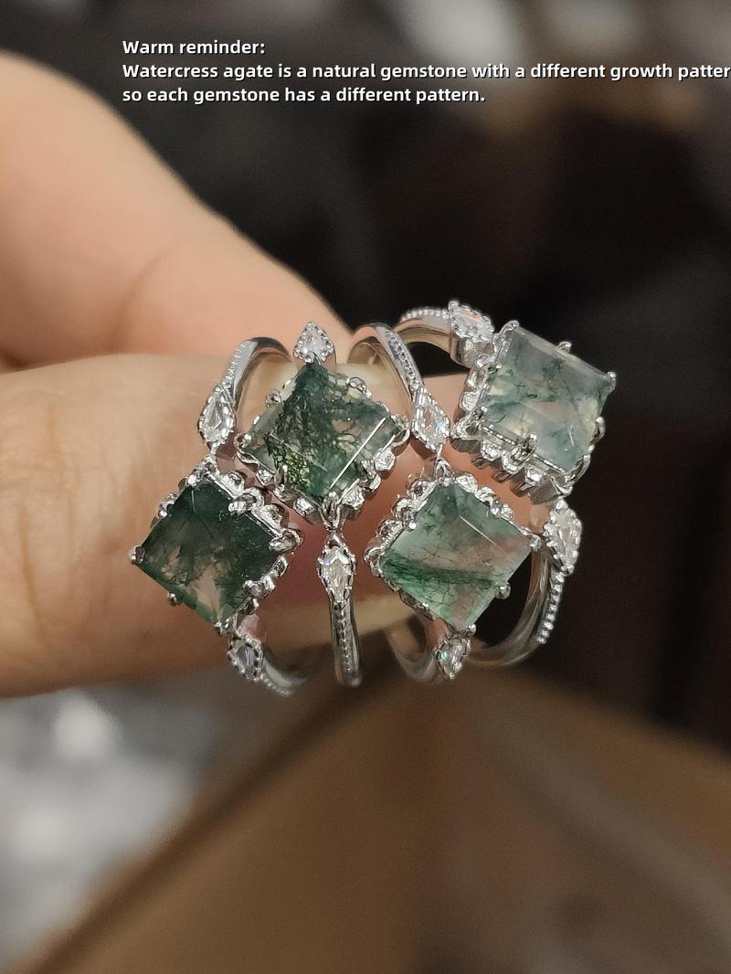 S925 Sterling Silver Artificial Gemstone Sea Grass Decor Ring, Emerald Cut Solitaire Ring, Rings for Women, Fashion Elegant Engagement Ring for Party, Daily Clothing Decor, Trendy Jewelry for Birthday Gift, with Box As Gift