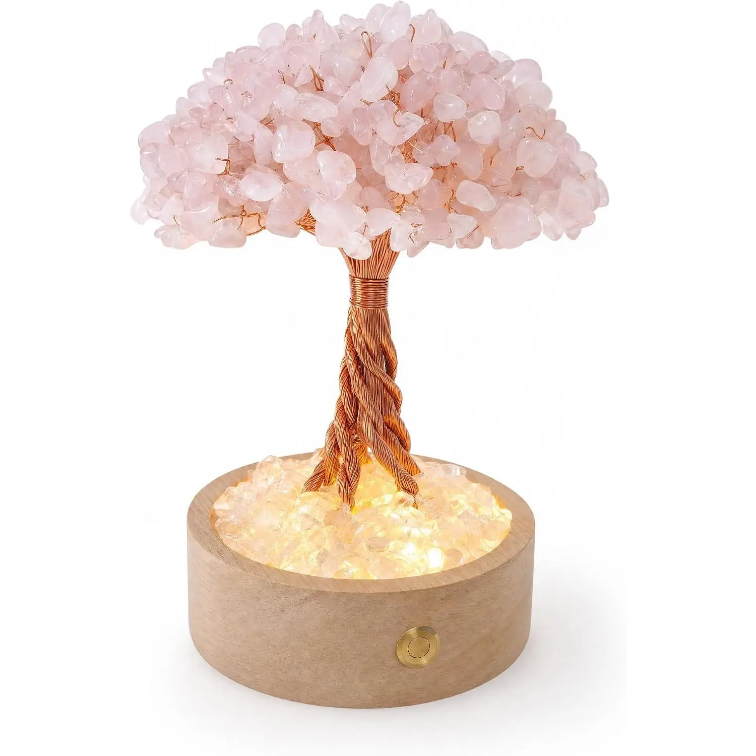 Natural Rose Quartz Crystal Money Tree with LED Wooden Base| Heart Chakra Love Energy Ornament, For Desk Bedroom Office, Birthday Spiritual Gift For Women Women