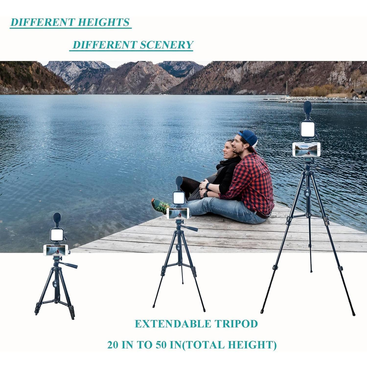 Smartphone Video Kit, Vlogging Kit with Microphone Light Tripod, 50 Inch Extendable Phone Clip Remote Control Compatible with iPhone/Smartphone/Cameras