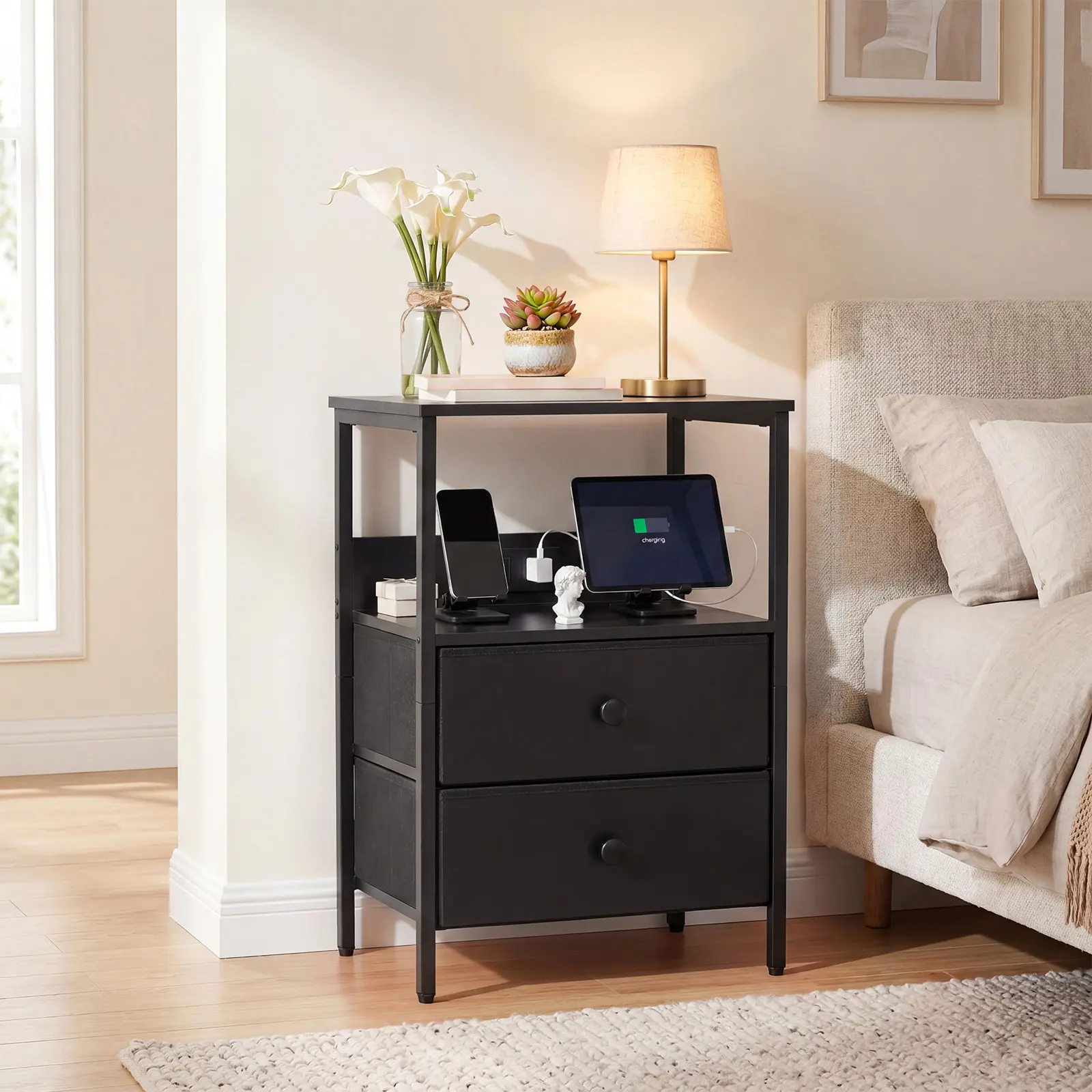 Modern Bedside Table with Charging Station, Compact Night Stand End Table with 2 Fabric Drawers & Open Storage Shelf, Side Table with USB, Type c Ports & Outlets, Modern Bedside Table for Bedroom, Black