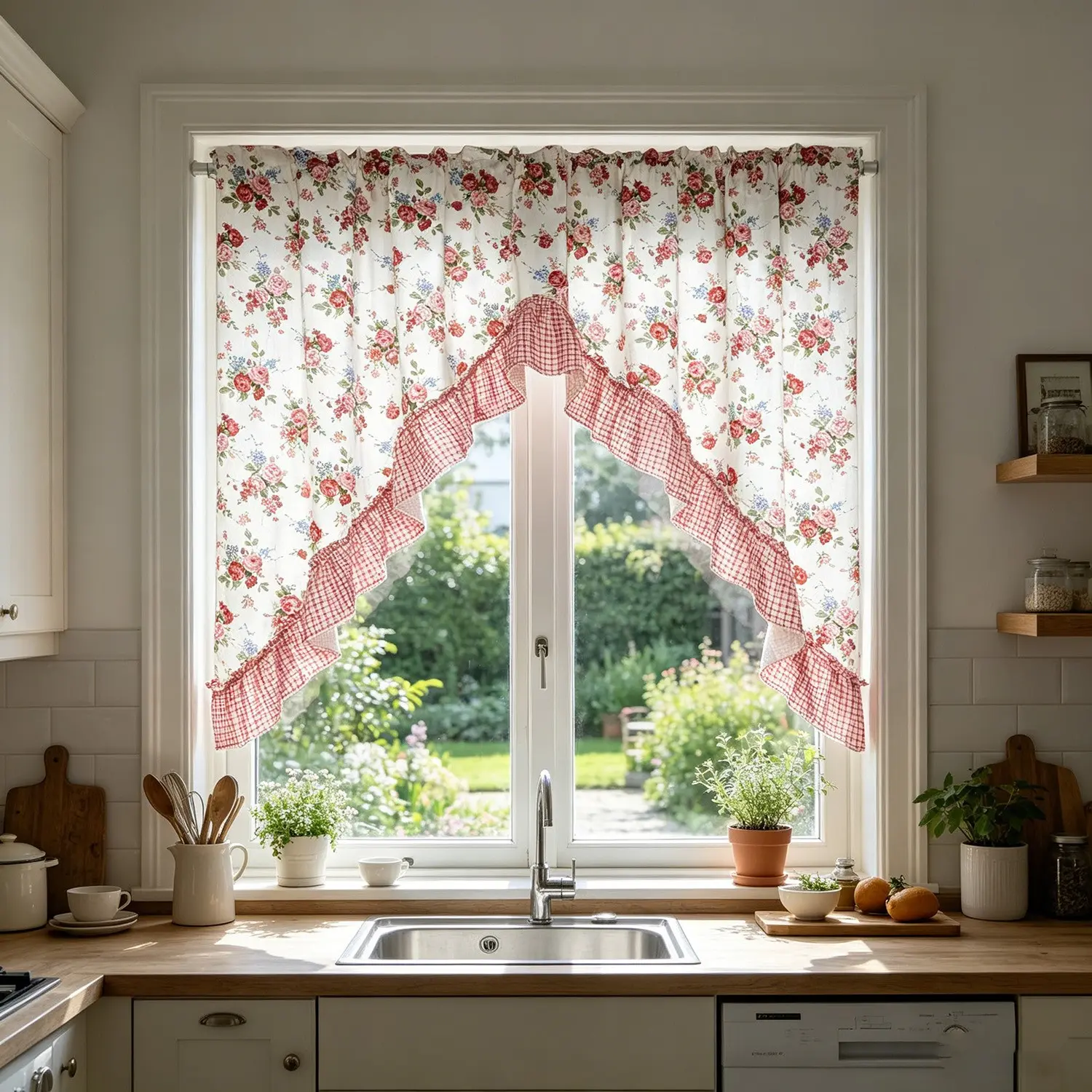 Floral Print Curtain Swag for Living Room Kitchen Curtain,Vintage Pink Flower Cottagecore Charm Cafe Curtain Farmhouse Aesthetic Valance Rod Pocket Design Boho Window Tiers for Small Windows Bathroom Bedroom 1 Panel Home Decoration
