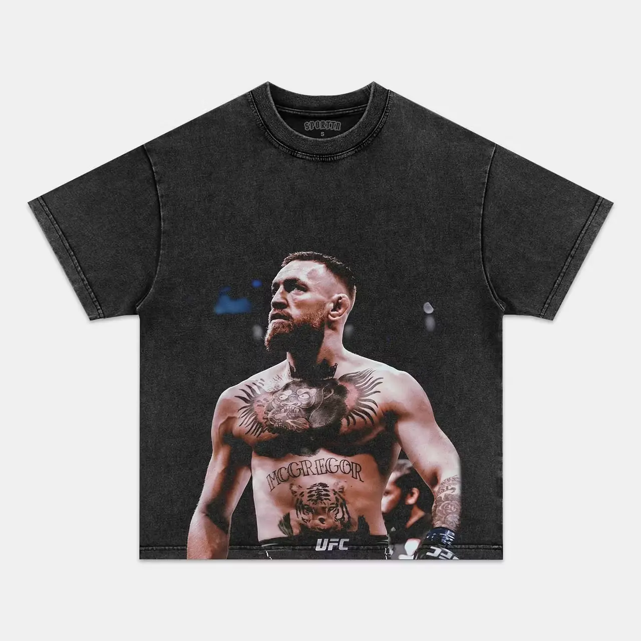 Retro Conor McGregor Side Profile Confident Stare Tattooed Chest Portrait Full Front Graphic Vintage Washed Black Oversized Heavyweight Cotton Streetwear T-Shirt, Unisex UFC MMA Fight Fan Apparel