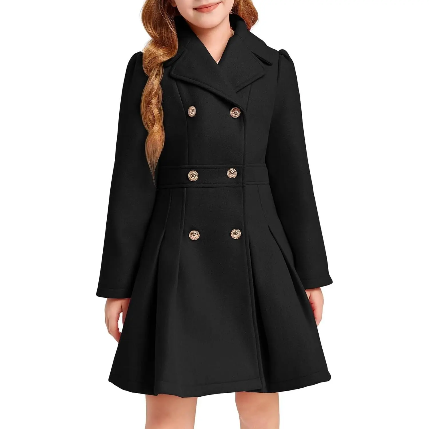 Girls Winter Dress Coat Button Peacoat Notch Lapel Double Breasted Outerwear with Pockets 5-14 Years