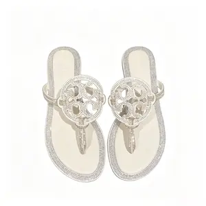 Women's Rhinestone Cutout Thong Sandals, Sparkly Non-Slip Flat Flip Flops, Soft Comfort Footbed Dressy Slide Sandals for Summer, Beach, Vacation and Daily Casual Wear