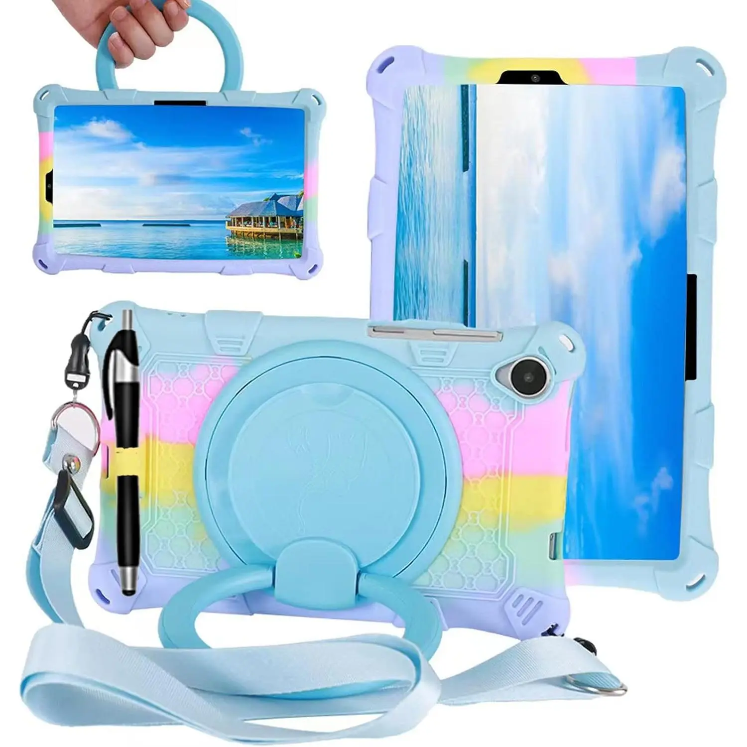 Tablet Case for Lenovo M8 TB300XU/TB-8505F/TB-8705F/TB-8506F,Soft Anti-Stress Silicone Case with Rotate Stand/Pencil Holder/Shoulder Strap/Pen for Lenovo Tab M8 8 inch (Colorful Light Blue)