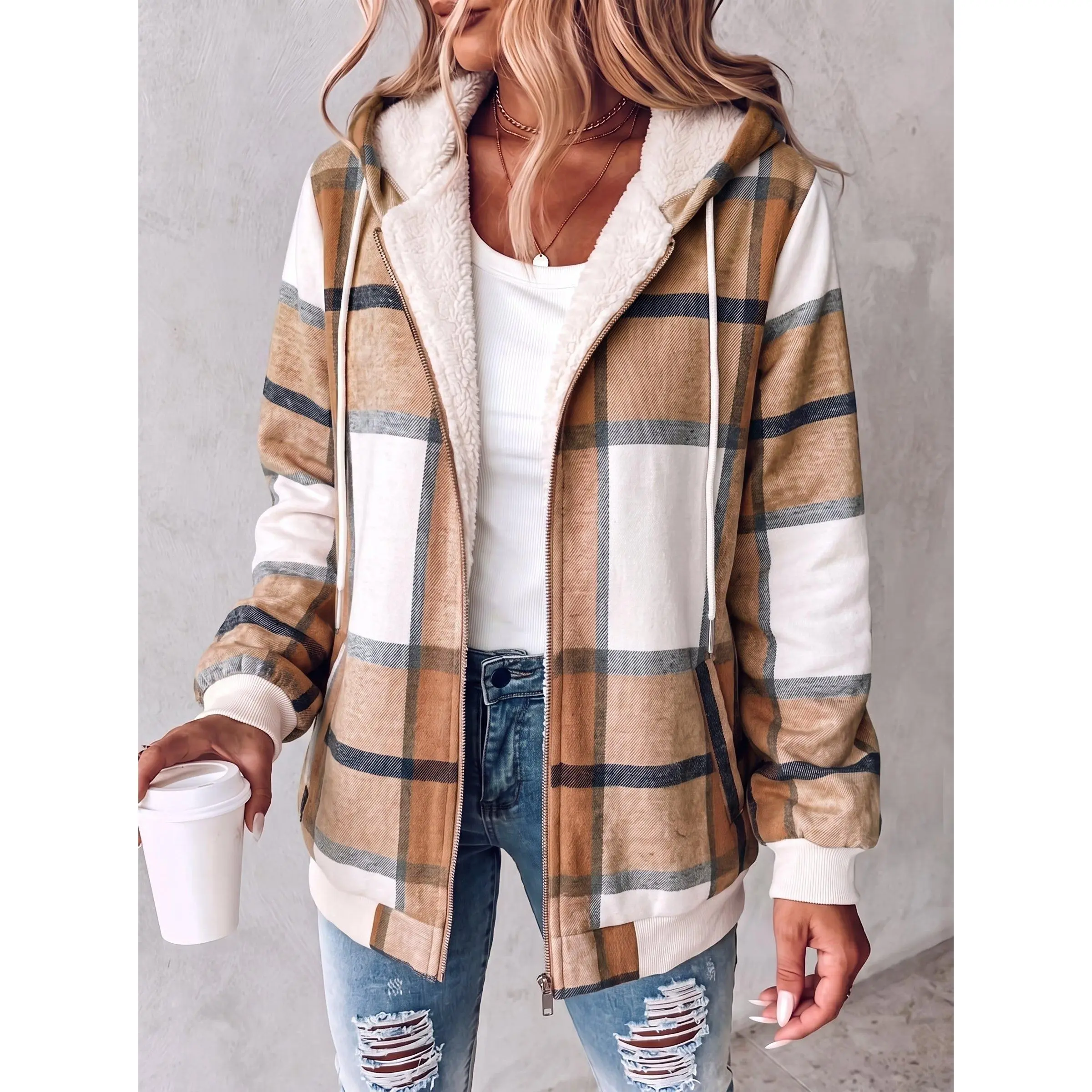 VVZ 2026 Women's Plaid Zip Up Hooded Jacket, Fashion Casual Lined Drawstring Hood Coat, Warm Fall Winter Daily Streetwear Outfit