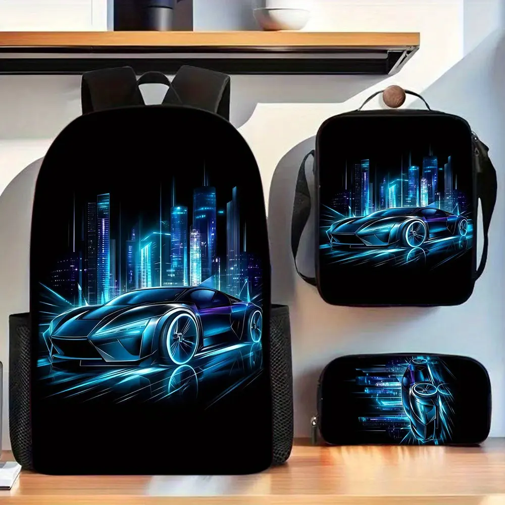 Racing Backpack 3pcs, Including Backpack Lunch Box Pencil Case, Suitable for Daily School, Mountain Climbing And Outdoor Sports