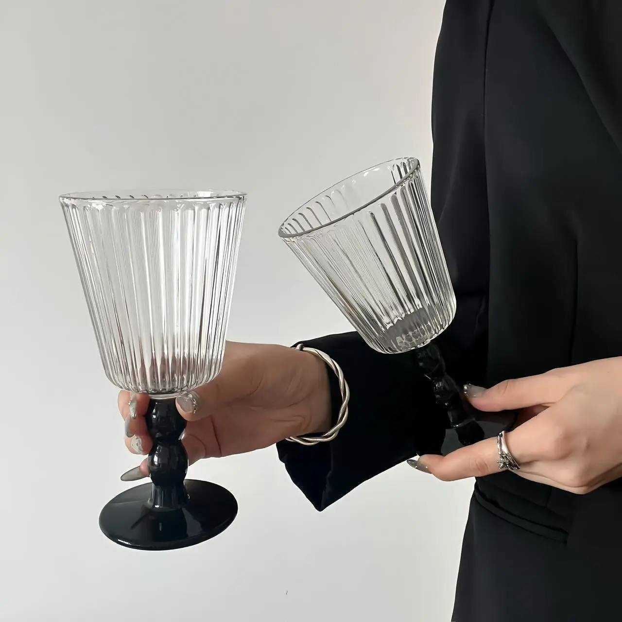 Vintage Vertical Striped Goblet, Aesthetic Wine Glass, Retro Beaded Stem, Ribbed Glass Cup, Home Table Decor, Non-Lead Crystal Glass