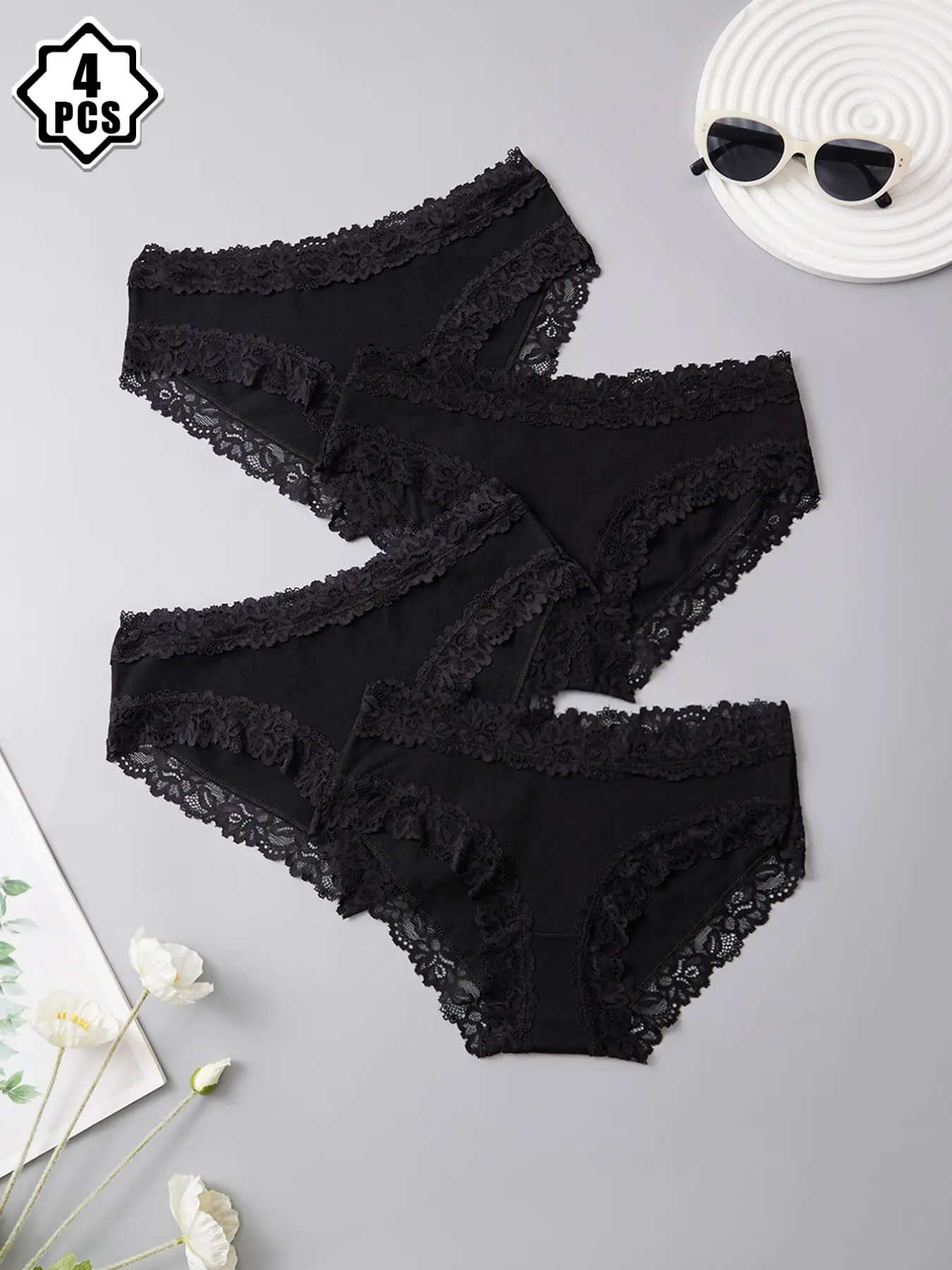 4-Pack Women's Fashionable Simple Triangle Pants, Cute Elegant Floral Pattern, Underwear, Soft Comfort, All-Season Yoga Lingerie