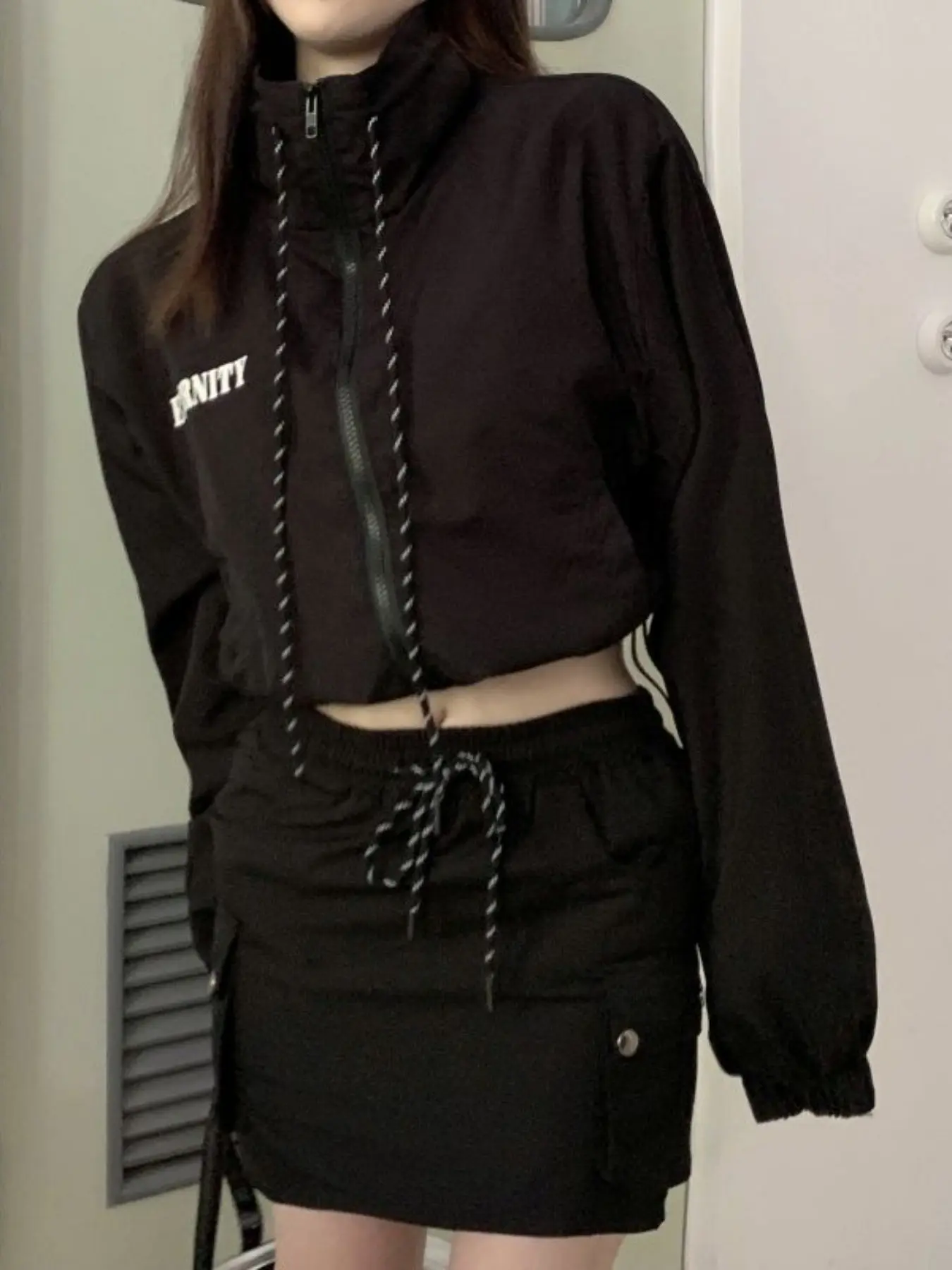 Women's 2-Piece, Letter Print Cropped Windbreaker Jacket & Cargo Mini Skirt, Y2K Streetwear, Elastic Drawstring, Adjustable, Casual Tracksuit
