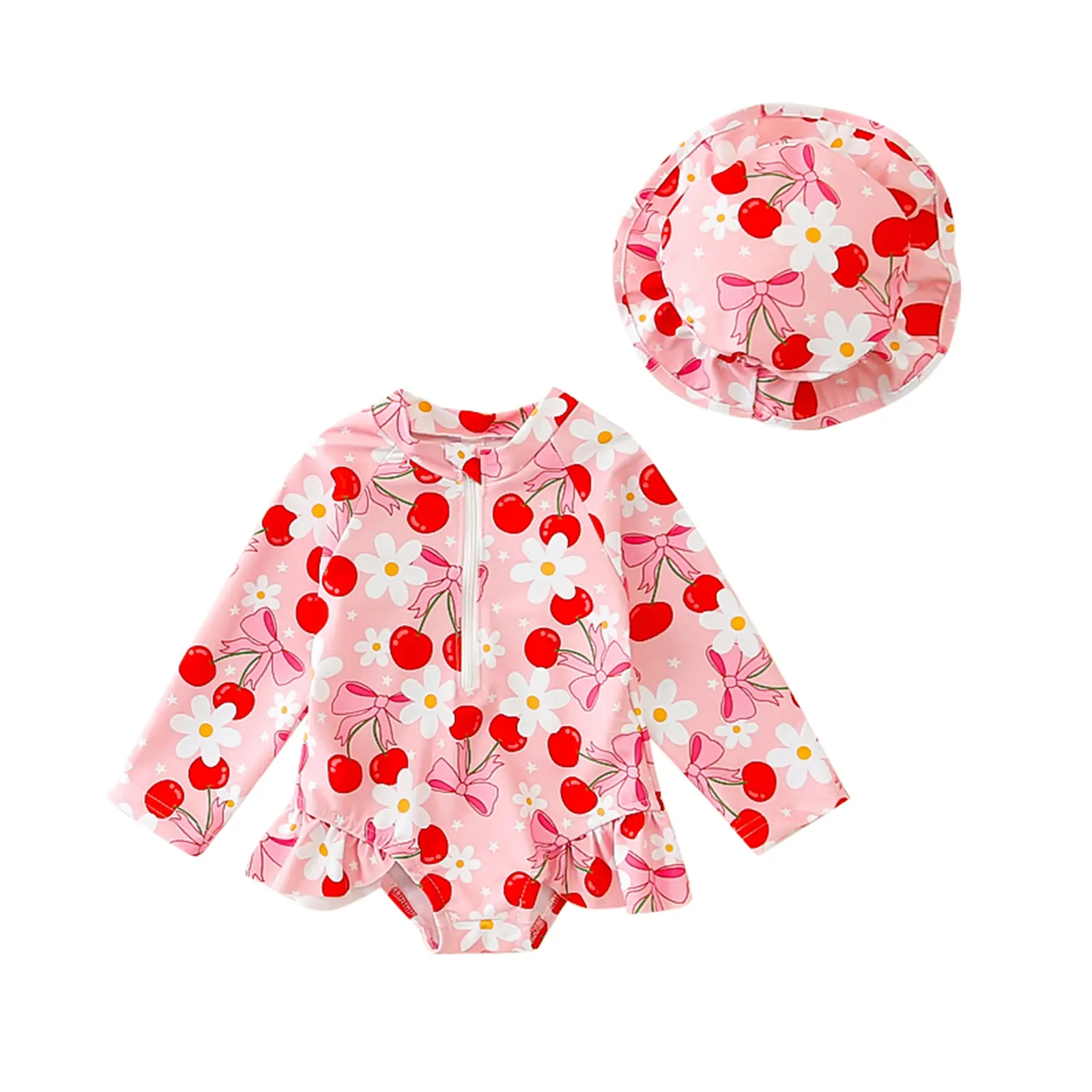 Baby & Toddler Girls' 2-Piece Long Sleeve Rash Guard, Polyester Zipper Swimsuit with Hat, Polka Dot Print, Long Sleeves, 9 - 12 Months, Bow Pattern, Cherry Pattern, Cute Baby Girls Swimwear
